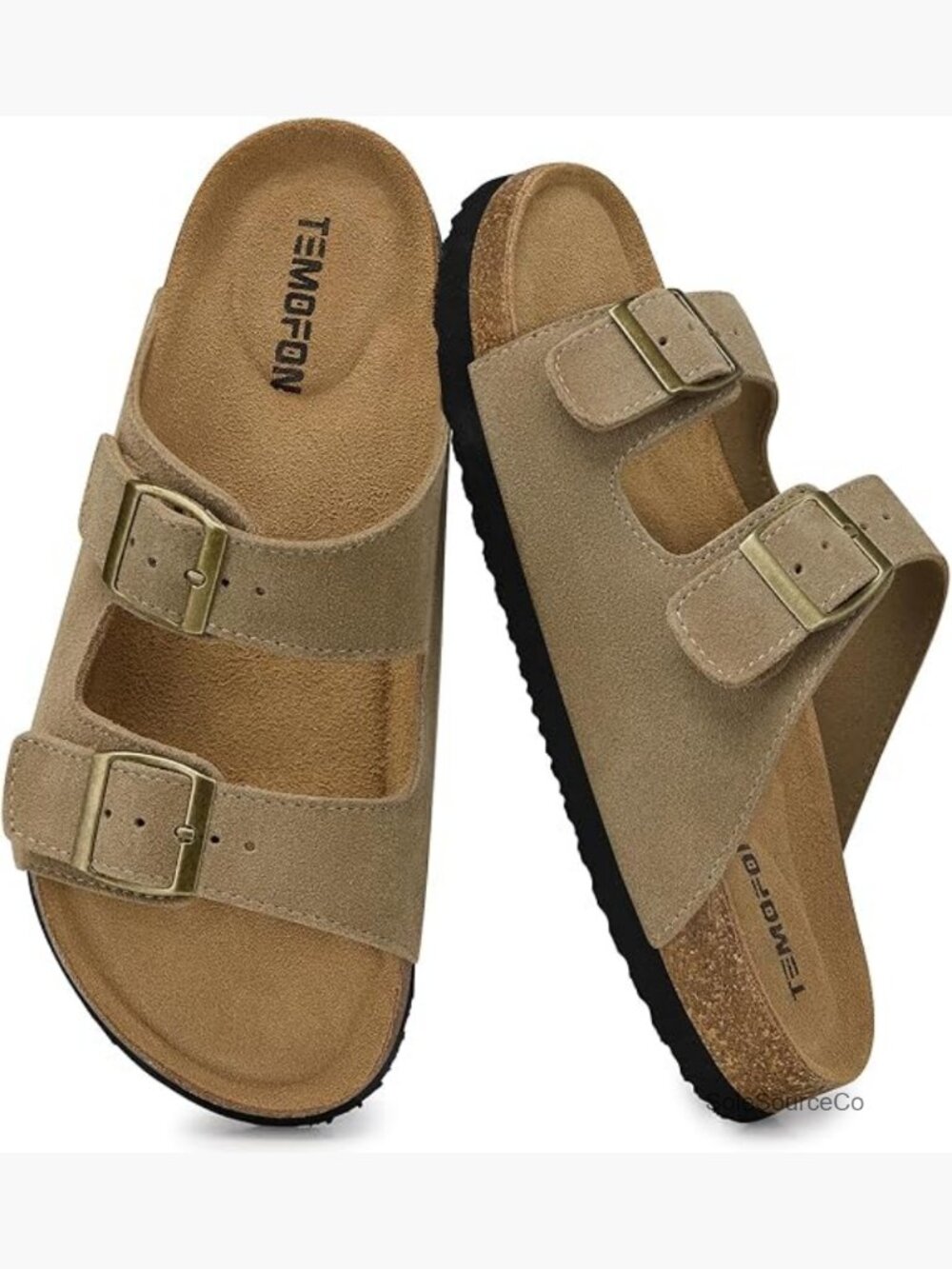 Genuine Leather Cork Footbed Sandals with Arch Support Slip-On Adjustable Buckle